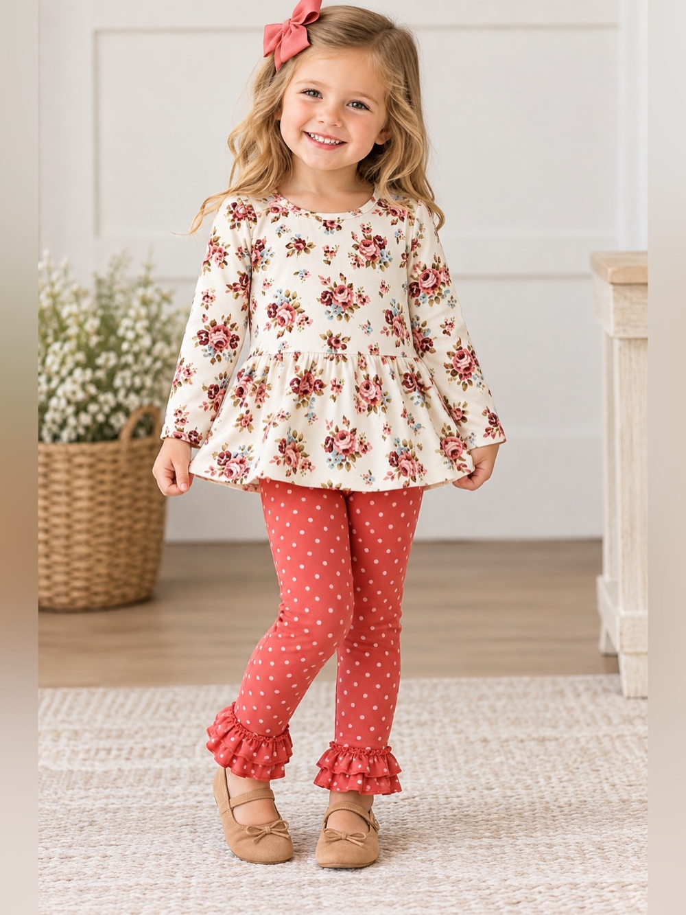 Cotton Castle 2-Piece Floral Top & Polka Dot Leggings Outfit